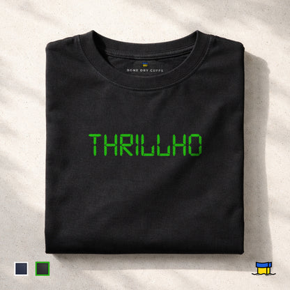 Folded black Simpsons t-shirt featuring 'THRILLHO' in green text