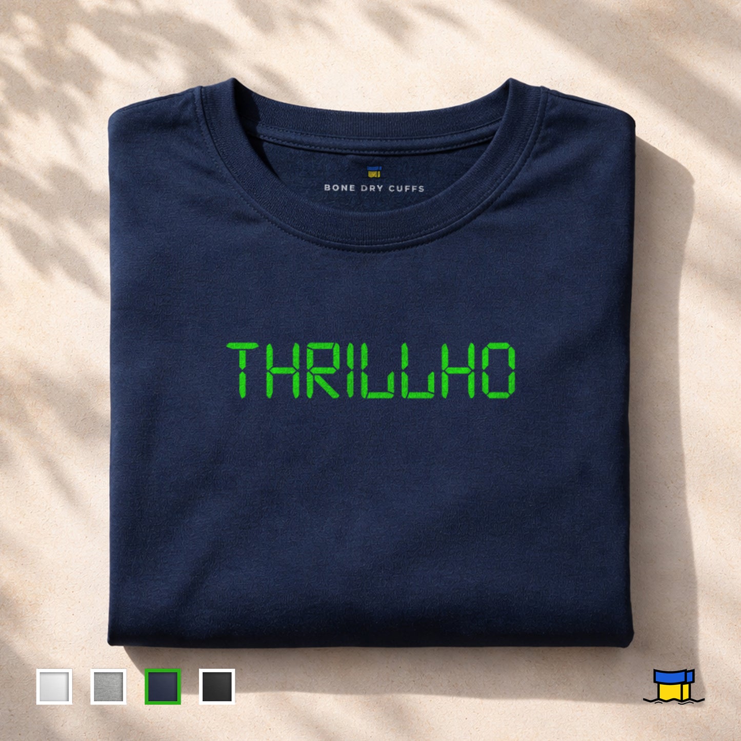 Folded navy blue Simpsons t-shirt featuring 'THRILLHO' in green text