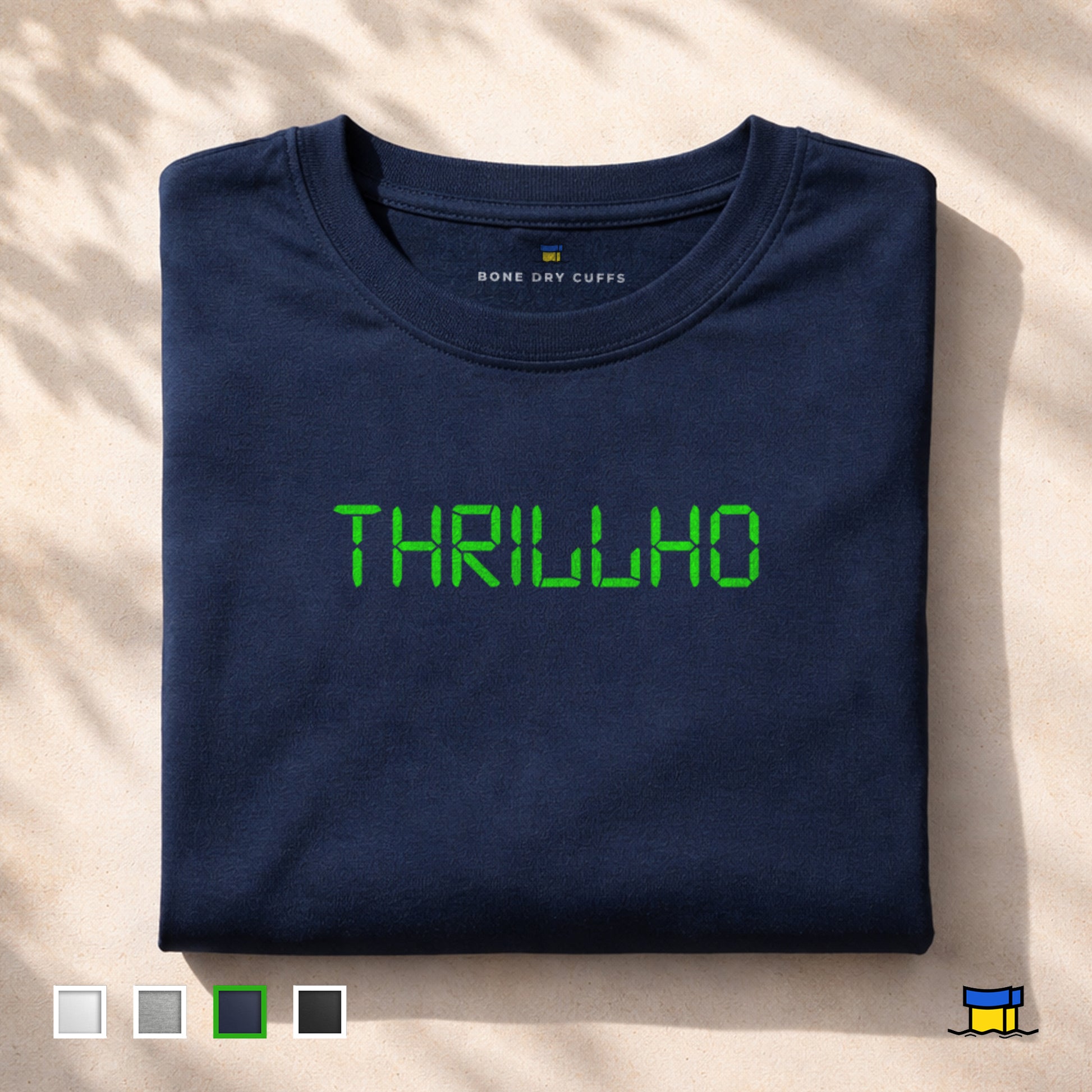 Folded navy blue Simpsons t-shirt featuring 'THRILLHO' in green text